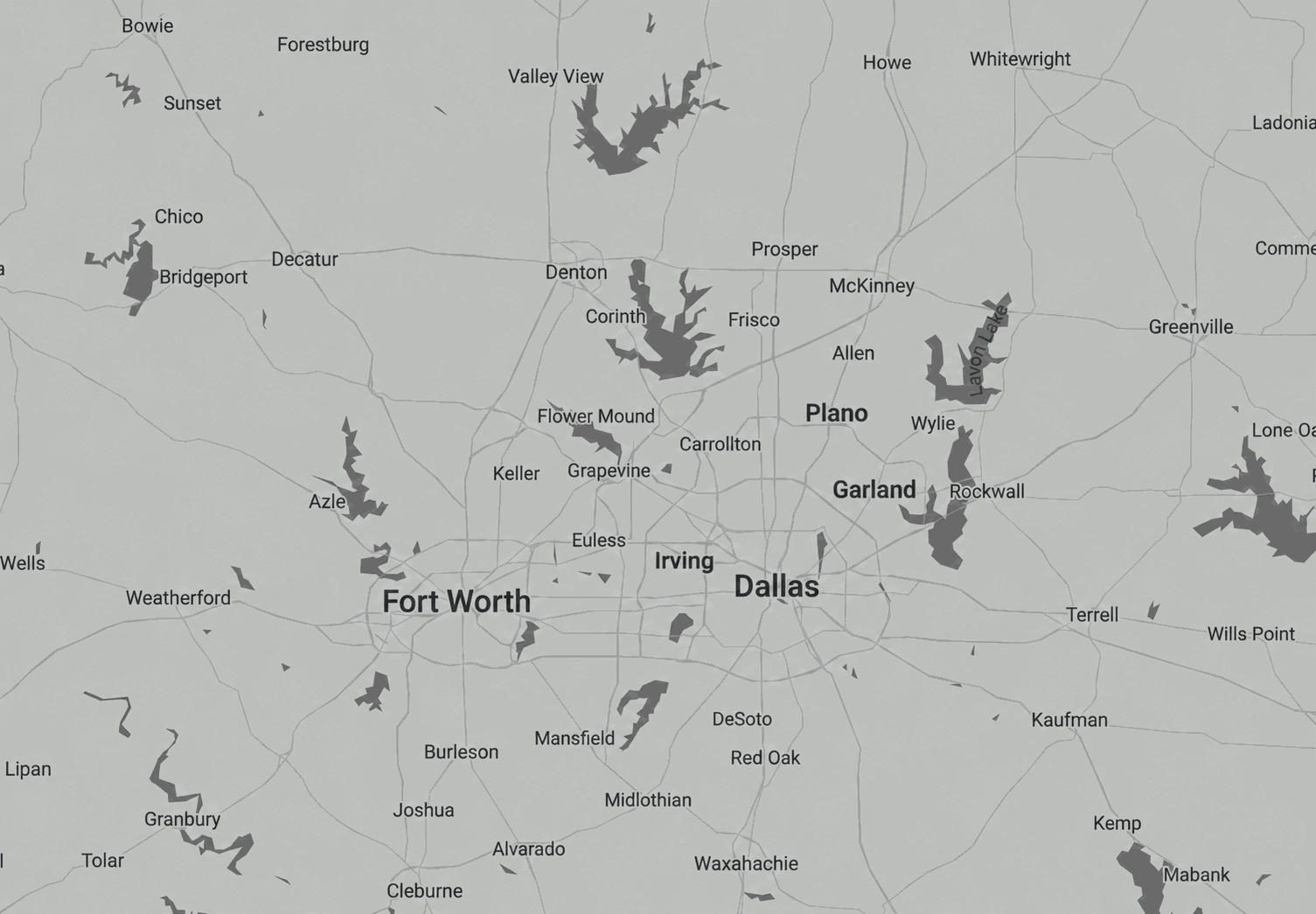 Map of the Dallas-Fort Worth metroplex with Prestige Roofing's McKinney headquarters marked