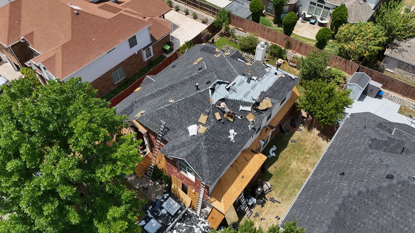 Aerial view of a Prestige roof replacement in progress